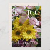 第100誕生祝い-ピンクと黄色のフローラ 招待状 (正面/裏面)