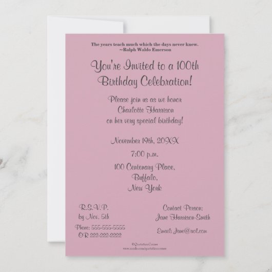 第100誕生祝い – ピンクローズ 招待状 (裏面)