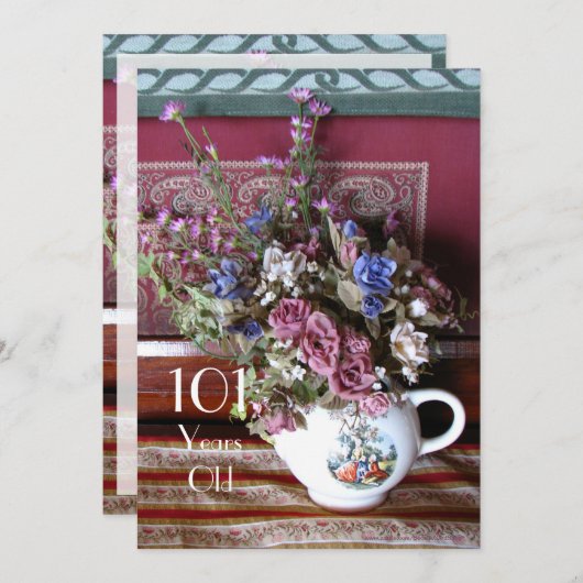 第101回バースデーパーティーへの招待,ヴィンテージティーポット 招待状 (正面/裏面)