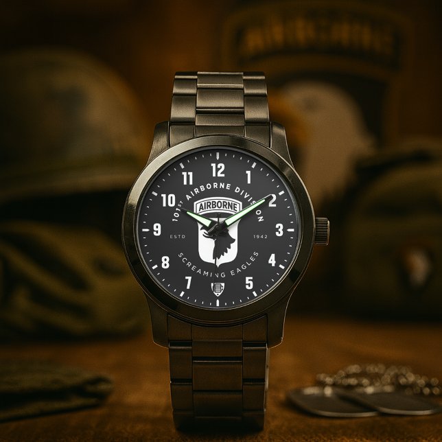 第101空挺師団 "Screaming Eagles" トリビュート時計 腕時計 (101st Airborne Division "Screaming Eagles" Tribute Black Stainless Steel Watch)
