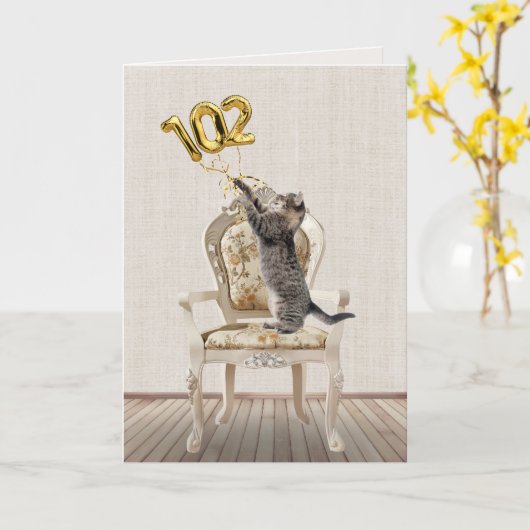 第102誕生日風船とタビー猫 カード (黄色い花)