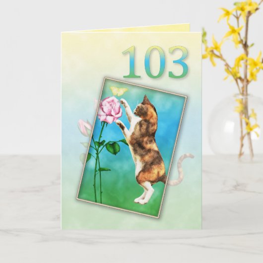 第103誕生日(猫よくはしゃぐ付) カード (黄色い花)
