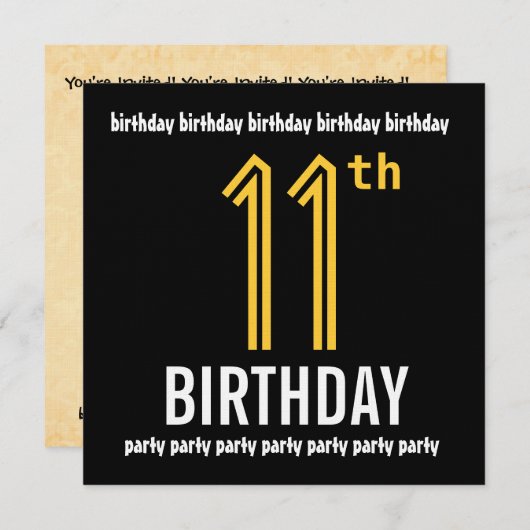 第11回バースデーパーティモダン金ゴールドとブラック 招待状 (正面/裏面)
