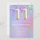 第11回バースデーパーティー招待紫ピンクグリッター 招待状 (正面)