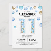 第11回バースデーパーティー、ブルーと金ゴールドバルーンボーイ 招待状 (正面)