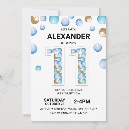 第11回バースデーパーティー、ブルーと金ゴールドバルーンボーイ 招待状 (正面)