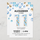 第11回バースデーパーティー、ブルーと金ゴールドバルーンボーイ 招待状 (正面/裏面)