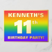 第11回誕生日パーティー:おもしろいカラフル、レインボーパターン 箔招待状 (正面)