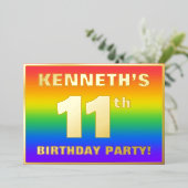 第11回誕生日パーティー：おもしろいカラフル、レインボーパターン 箔招待状 (立ち正面)