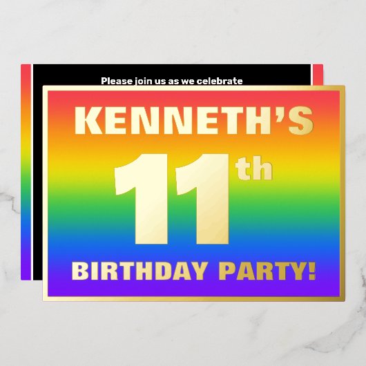 第11回誕生日パーティー:おもしろいカラフル、レインボーパターン 箔招待状 (正面/裏面)