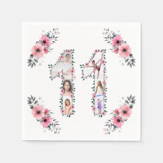 第11誕生日の少女フォトコラージピンクフラワー スタンダードカクテルナプキン (正面)