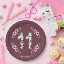 第11誕生日の少女フォトコラージピンクフラワー ペーパープレート