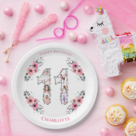 第11誕生日の少女フォトコラージピンクフラワー ペーパープレート