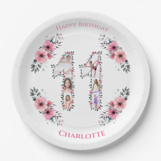 第11誕生日の少女フォトコラージピンクフラワー ペーパープレート (正面)