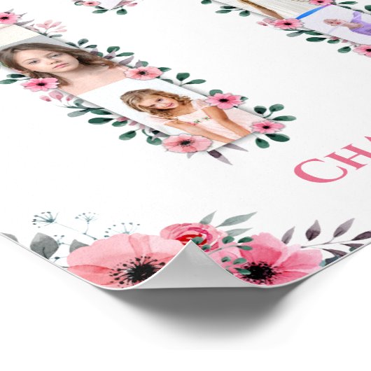 第11誕生日の少女フォトコラージピンクフラワー ポスター (角)