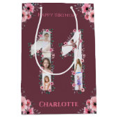 第11誕生日の少女フォトコラージピンクフラワー ミディアムペーパーバッグ (正面)