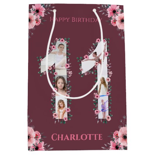 第11誕生日の少女フォトコラージピンクフラワー ミディアムペーパーバッグ (正面)