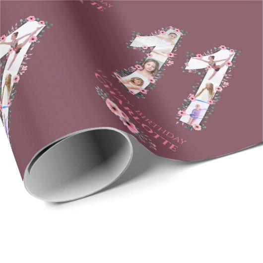第11誕生日の少女フォトコラージピンクフラワー ラッピングペーパー (ロールコーナー)