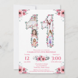 第11誕生日の少女フォトコラージピンクフラワー 招待状