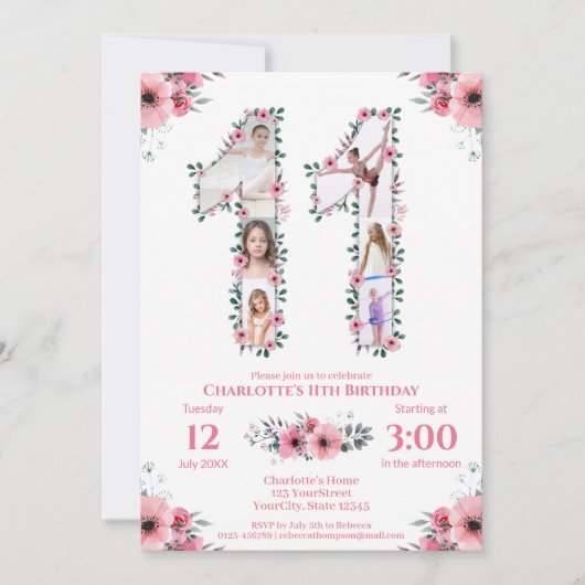 第11誕生日の少女フォトコラージピンクフラワー 招待状 (正面)