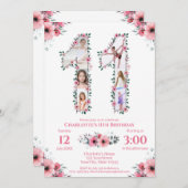 第11誕生日の少女フォトコラージピンクフラワー 招待状 (正面/裏面)