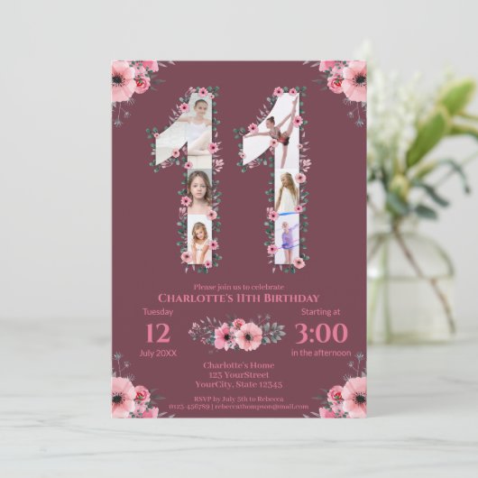 第11誕生日の少女フォトコラージピンクフラワー 招待状 (スタンド正面)