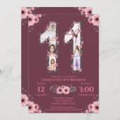 第11誕生日の少女フォトコラージピンクフラワー 招待状 (正面/裏面)