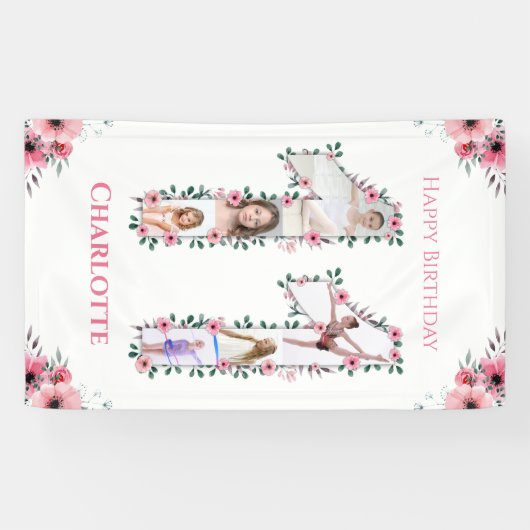 第11誕生日の少女フォトコラージピンクフラワー 横断幕 (横)