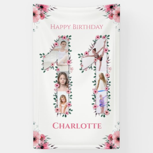 第11誕生日の少女フォトコラージピンクフラワー 横断幕 (縦)