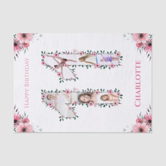 第11誕生日の少女フォトコラージピンクフラワー 薄葉紙 (正面)