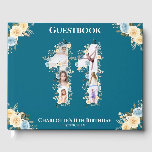 第11誕生日ティール（緑がかった色）フォトコラージュ黄花 ゲストブック (正面)