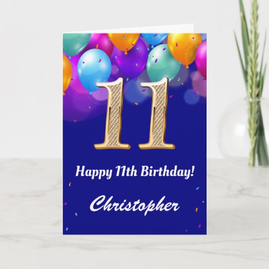 第11誕生日ネイビーブルーと金ゴールドバルーンカラフル カード (正面)