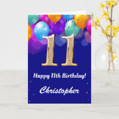 第11誕生日ネイビーブルーと金ゴールドバルーンカラフル カード (黄色い花)