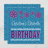 第11誕生日パープルフラワーズ名前をカスタムする 招待状 (正面/裏面)