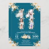 第11誕生日フォトコラージイエローフラワーティール(緑がかった色) 招待状 (正面/裏面)