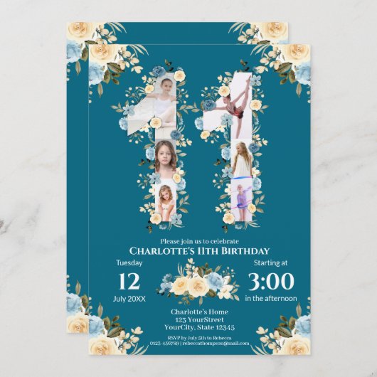 第11誕生日フォトコラージイエローフラワーティール(緑がかった色) 招待状 (正面/裏面)