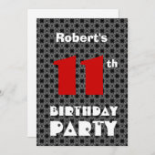第11誕生日モダン黒10代の白パターン 招待状 (正面/裏面)