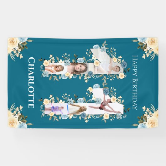 第11誕生日花ティール（緑がかった色）フォトコラージイエロー 横断幕 (横)