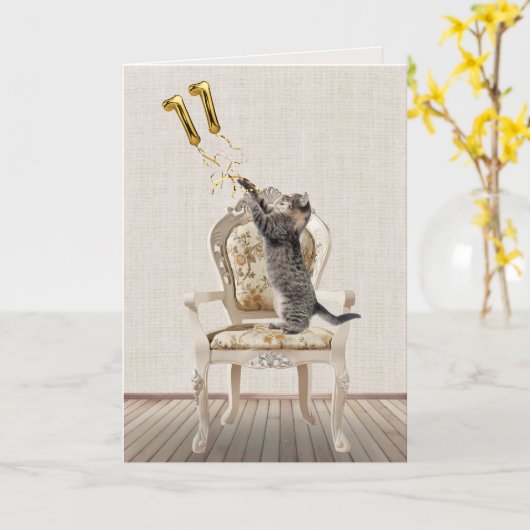 第11誕生日風船とタビー猫 カード (黄色い花)