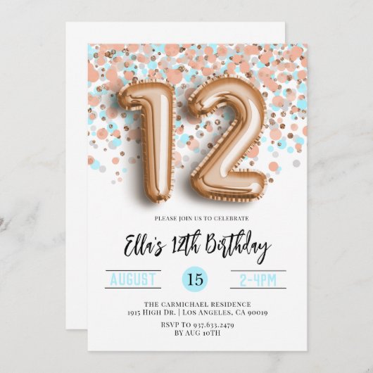 第12バラ金ゴールド誕生日招待状 招待状 (正面/裏面)