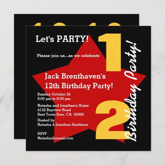 第12プレティーンの誕生日のモダンで黒く赤い星T02C 招待状 (正面/裏面)