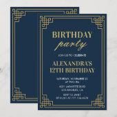 第12回バースデーパーティー招待ガールネイビー金ゴールド 招待状 (正面/裏面)
