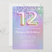 第12回バースデーパーティー招待紫ピンクグリッター 招待状 (正面)