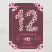 第12回ビッグ誕生日ガールピンク花緑 招待状 (正面/裏面)