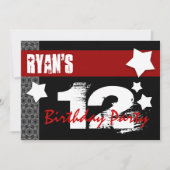第12彼のための誕生日のモダン赤く白い黒W03B 招待状 (正面)