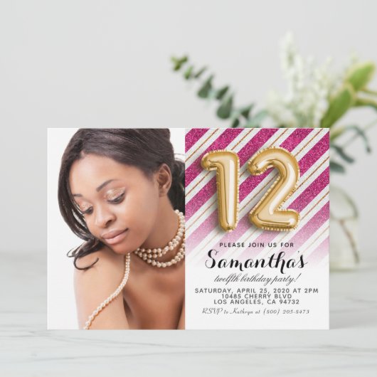 第12誕生日ストライプの金ゴールドポートレート 招待状 (スタンド正面)