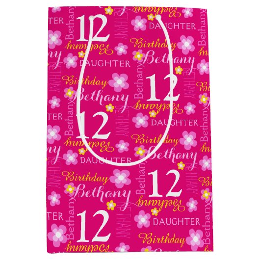 第12誕生日ピンクイエロー名前をカスタムする抱き枕 ミディアムペーパーバッグ (正面)
