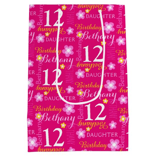 第12誕生日ピンクイエロー名前をカスタムする抱き枕 ミディアムペーパーバッグ (裏面)