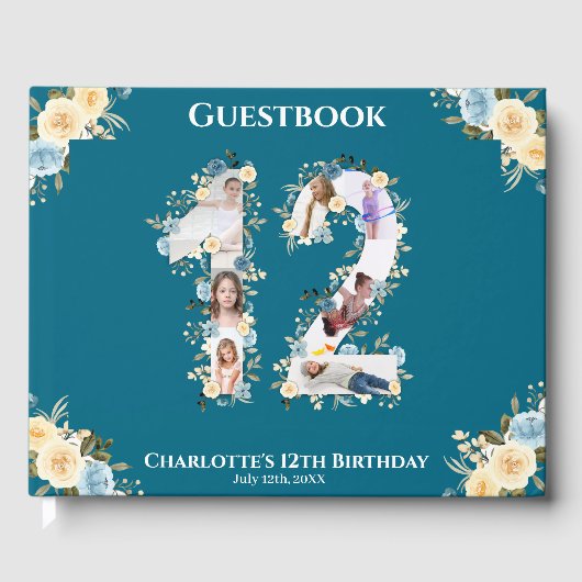 第12誕生日フォトコラージイエローフラワーティール（緑がかった色） ゲストブック (正面)