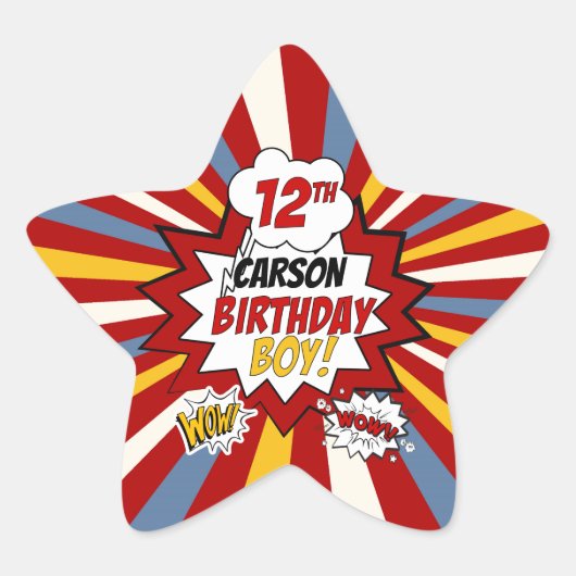 第12誕生日ボーイスーパーヒーロー漫画名 星シール (正面)
